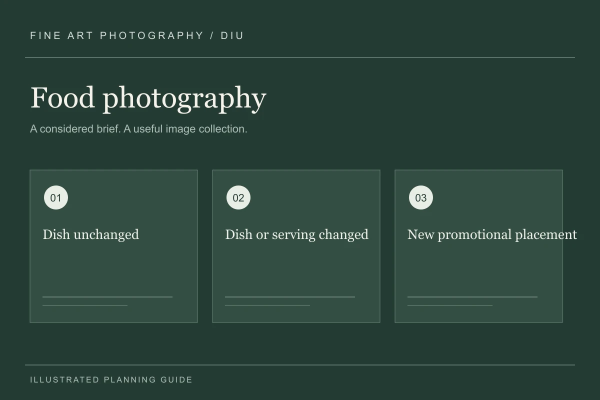Illustrated food photography planning guide for Diu
