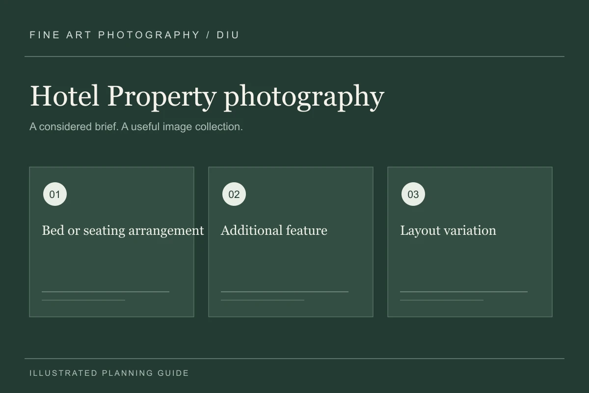 Illustrated hotel property photography planning guide for Diu